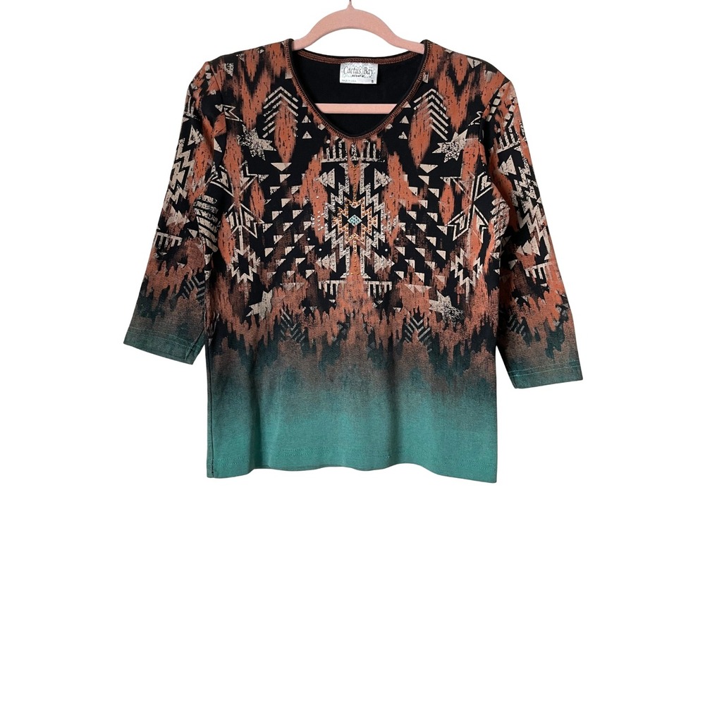 Cactus Bay Apparel Southwestern Ombre Rhinestone 3/4 Sleeve Top Womens Small USA